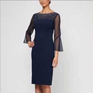 Beaded Neckline Sheath Dress with Illusion Sleeves
